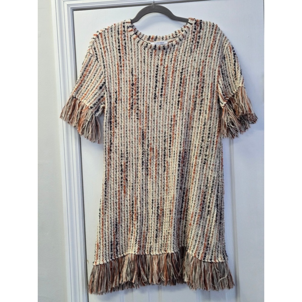 Zara Trafaluc Womens Small Striped Knit Fringe Shift Dress Orange Navy Cream